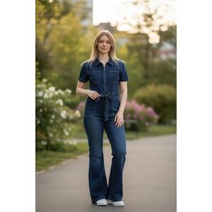 NWT SUKI SO Womens Denim Jumpsuit Belted Short Sleeve Zipper Front Medium